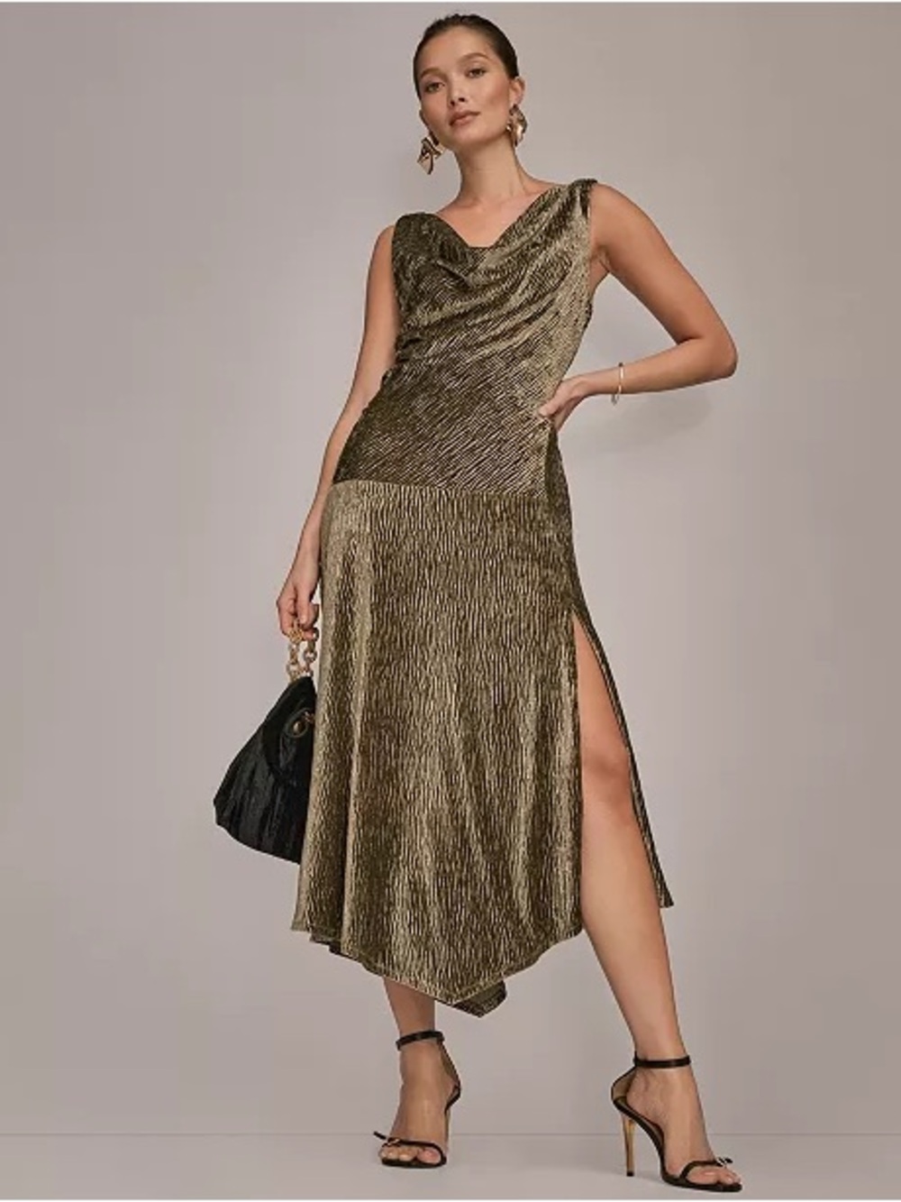 Donna Karan Cowl Neck Sleeveless Velvet Midi Cocktail Dress